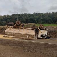 Caminhão carregado com ração capota na SC-159