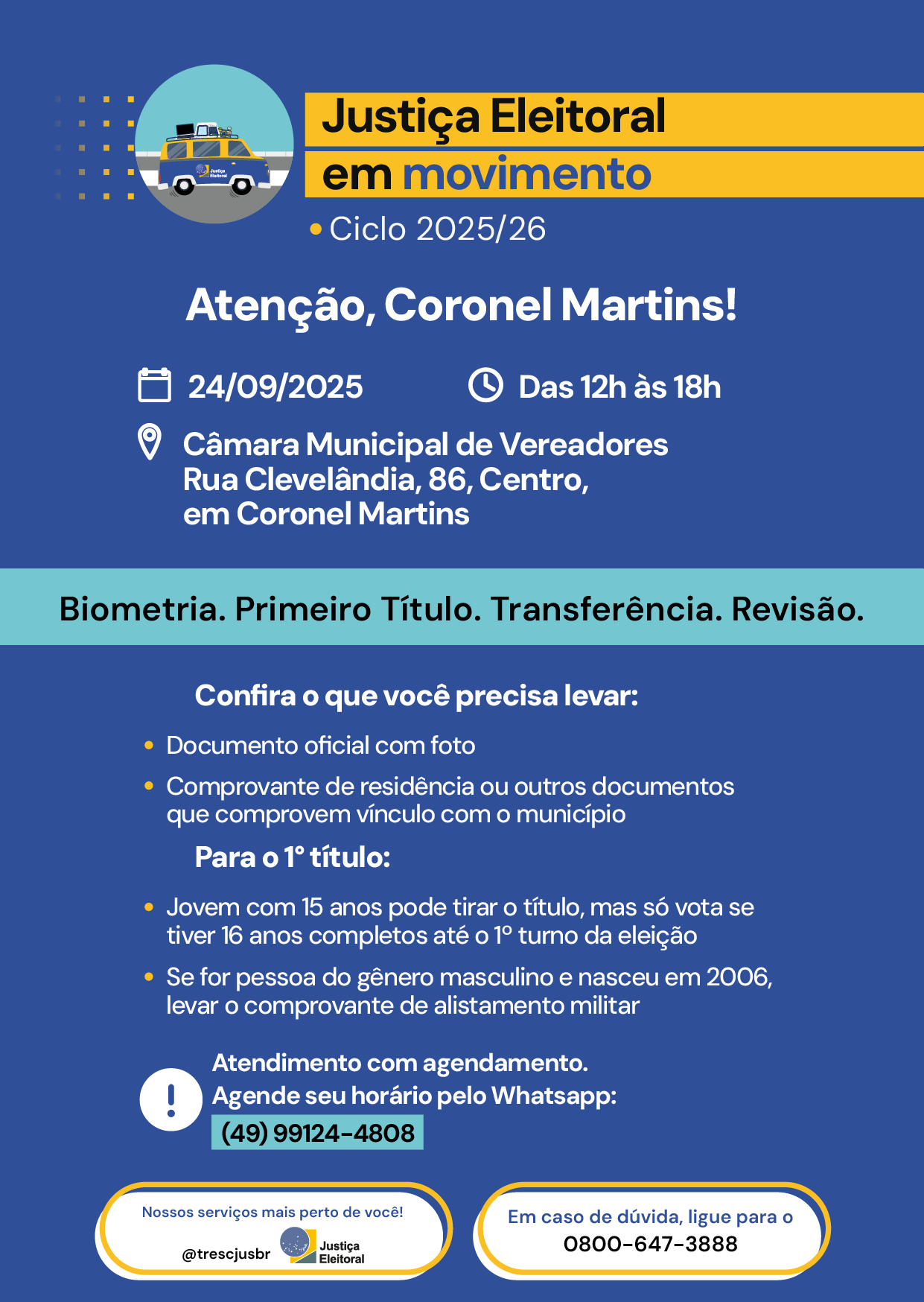 Justiça Eleitoral em Movimento estará em Coronel Martins no dia 24 de setembro