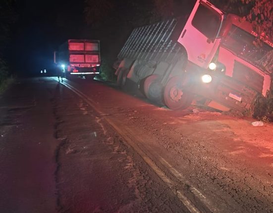 Caminhão sai da pista na SC-283 em Seara após falha nos freios
