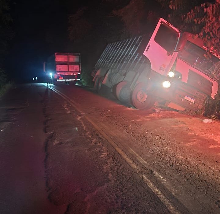 Caminhão sai da pista na SC-283 em Seara após falha nos freios