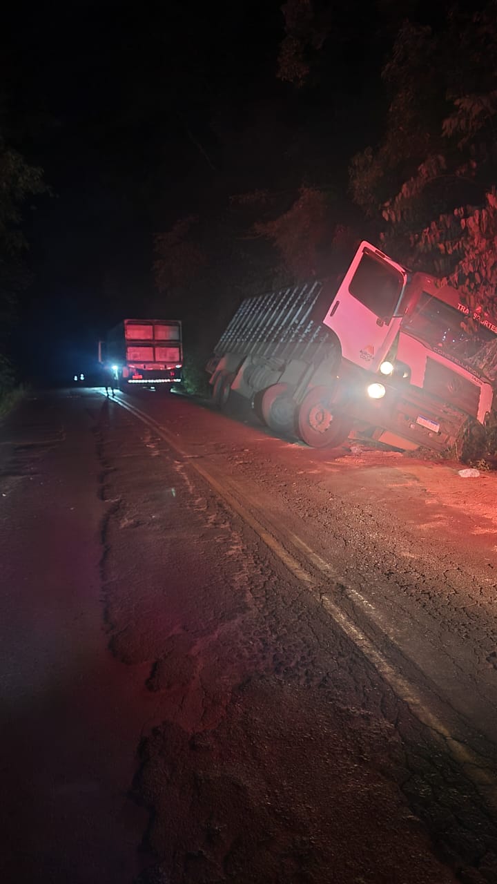 Caminhão sai da pista na SC-283 em Seara após falha nos freios