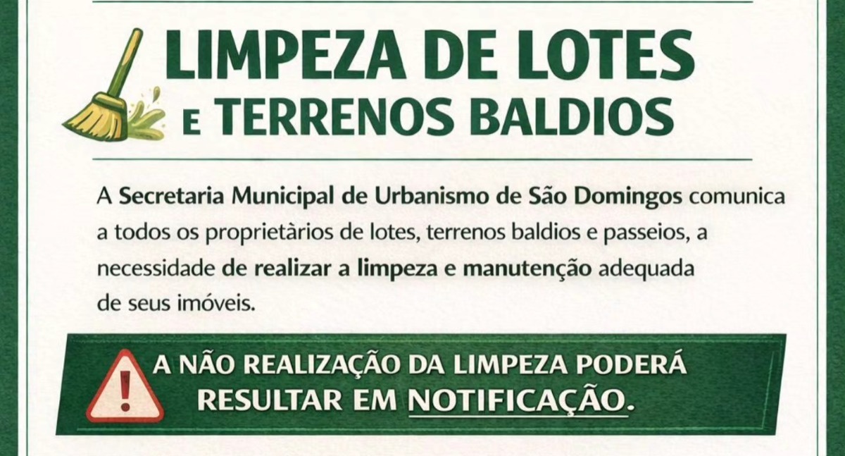 Secretaria de Urbanismo orienta proprietários sobre limpeza de lotes e terrenos baldios em São Domingos