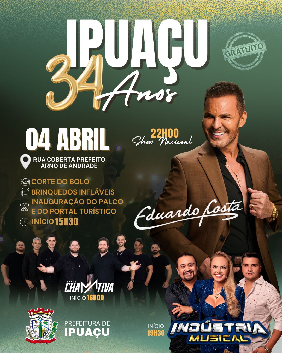 Ipuaçu celebra 34 anos com festa, inaugurações e show nacional