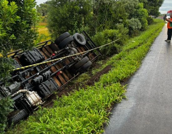 Caminhão capotou nas margens da rodovia - Fotos Jeferson Coppini Oeste Mais