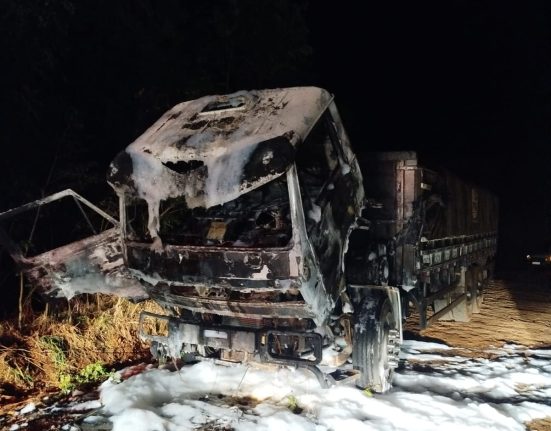 Incêndio destrói cabine de caminhão carregado com soja