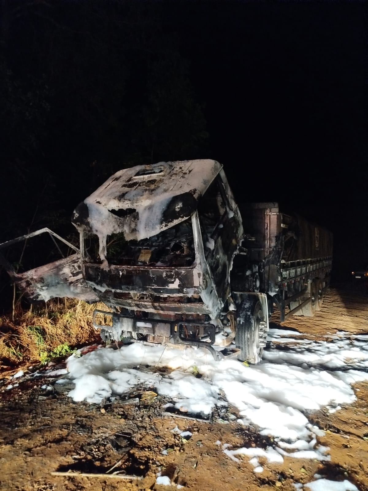 Incêndio destrói cabine de caminhão carregado com soja