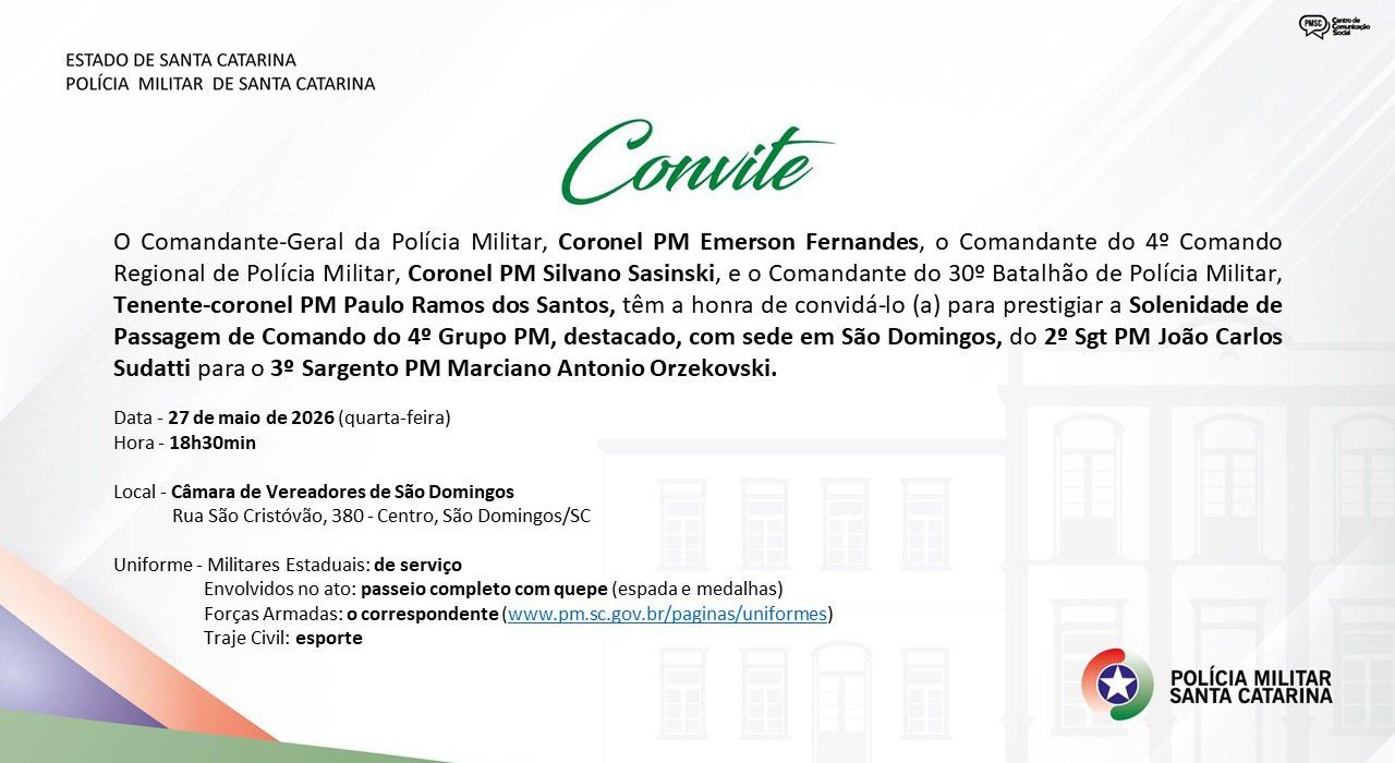 São Domingos terá solenidade de passagem de comando da Polícia Militar