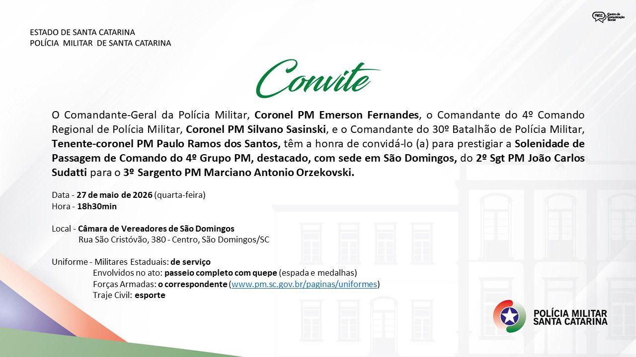São Domingos terá solenidade de passagem de comando da Polícia Militar