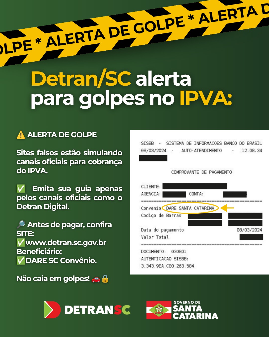Detran/SC alerta para golpes com páginas falsas para pagamento do IPVA