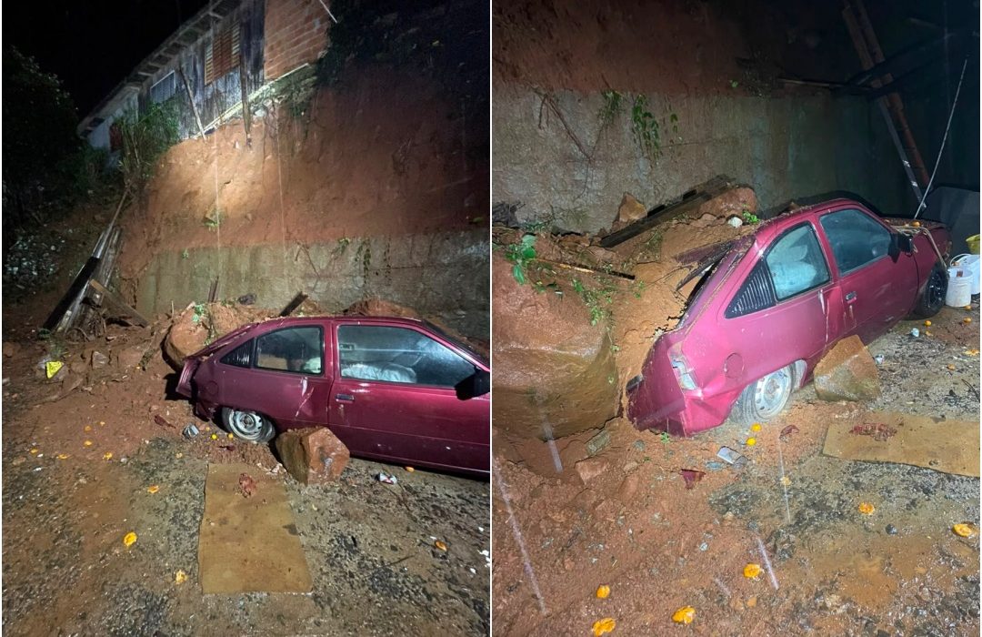Carro ficou destruído após ser atingido por pedra - Fotos Corpo de Bombeiros