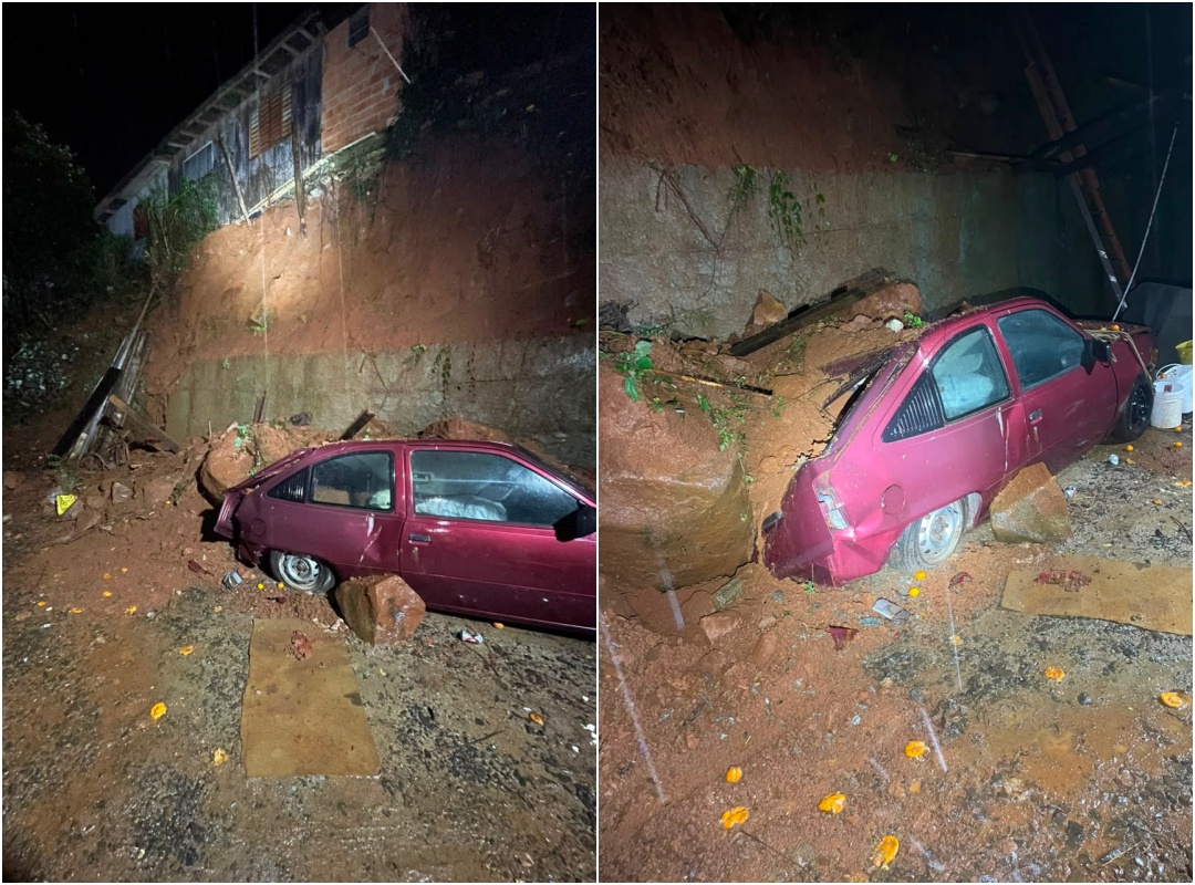 Carro ficou destruído após ser atingido por pedra - Fotos Corpo de Bombeiros
