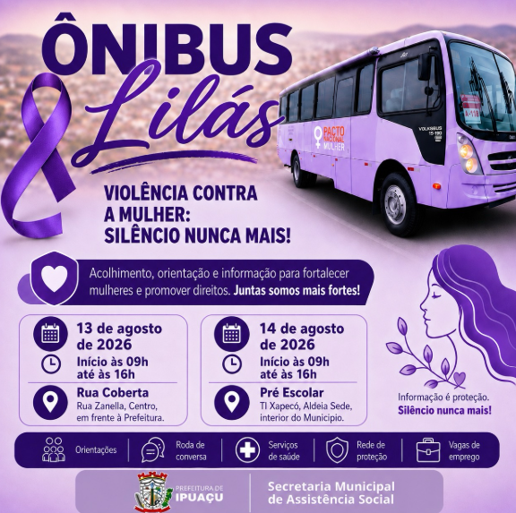 Ônibus Lilás levará serviços e orientações às mulheres em Ipuaçu - Foto Prefeitura de Ipuaçu