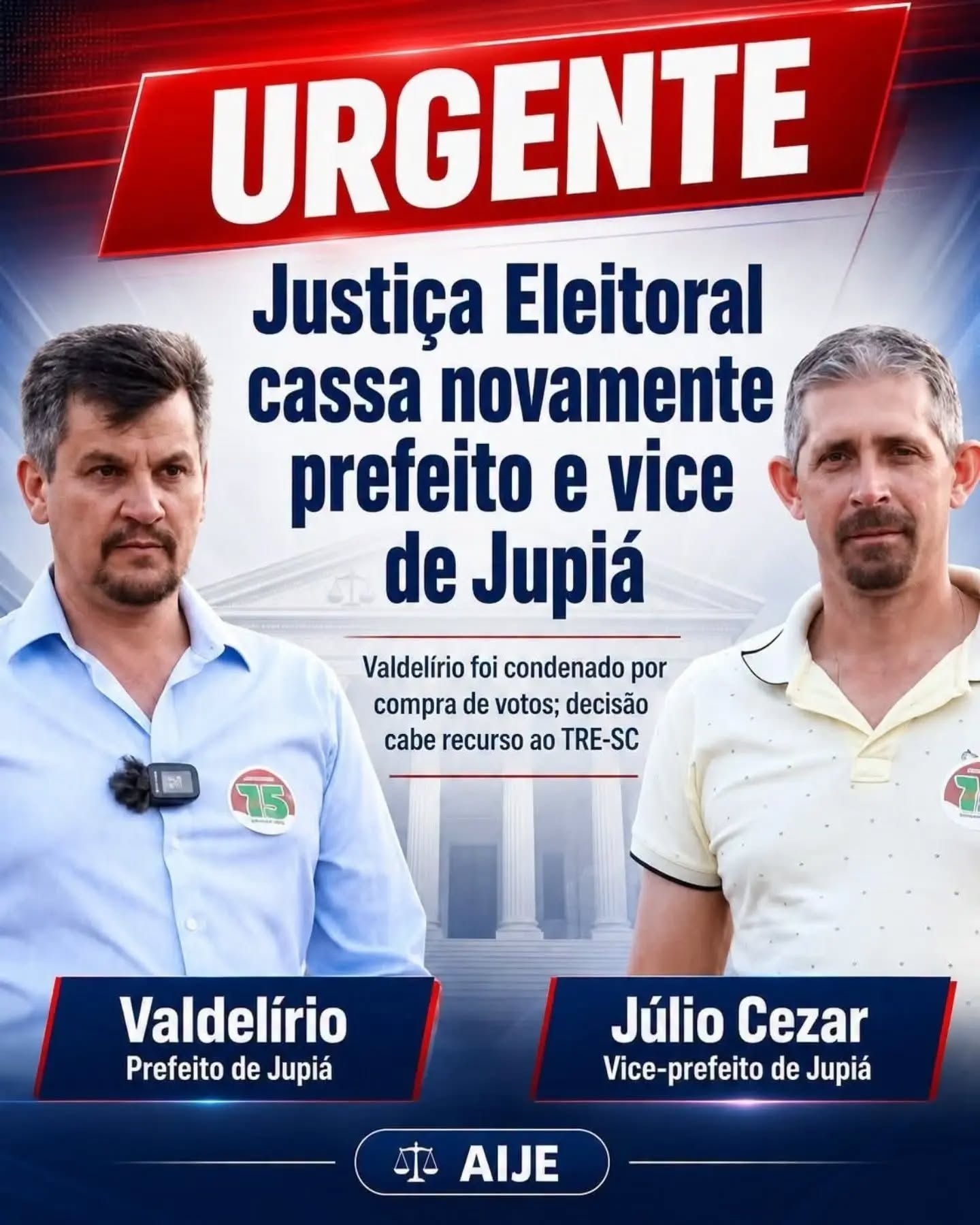 Nova decisão da Justiça Eleitoral determina a cassação dos diplomas do prefeito e do vice de Jupiá. Ainda cabe recurso ao TRE-SC - Foto Jotha Report
