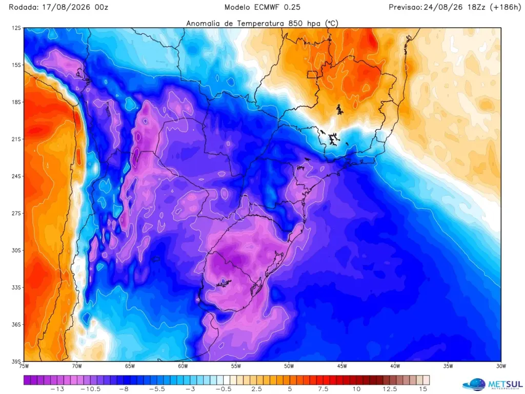 Frio mais intenso deve atingir o Sul entre domingo (23) e segunda-feira (24), com possibilidade de temperaturas negativas em Santa Catarina e no Rio Grande do Sul - Foto MetSul