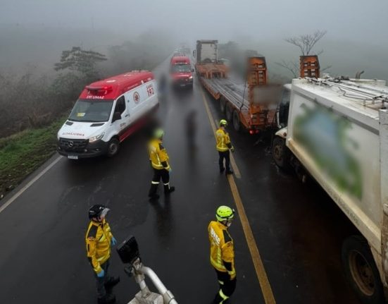 A cabine de um caminhão ficou destruída e deixou duas vítimas presas às ferragens - Fotos Corpo de Bombeiros