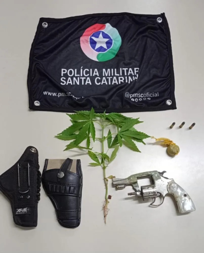 Revólver calibre .22 foi localizado com apoio de cães da Polícia Civil - Foto Divulgação PMSC