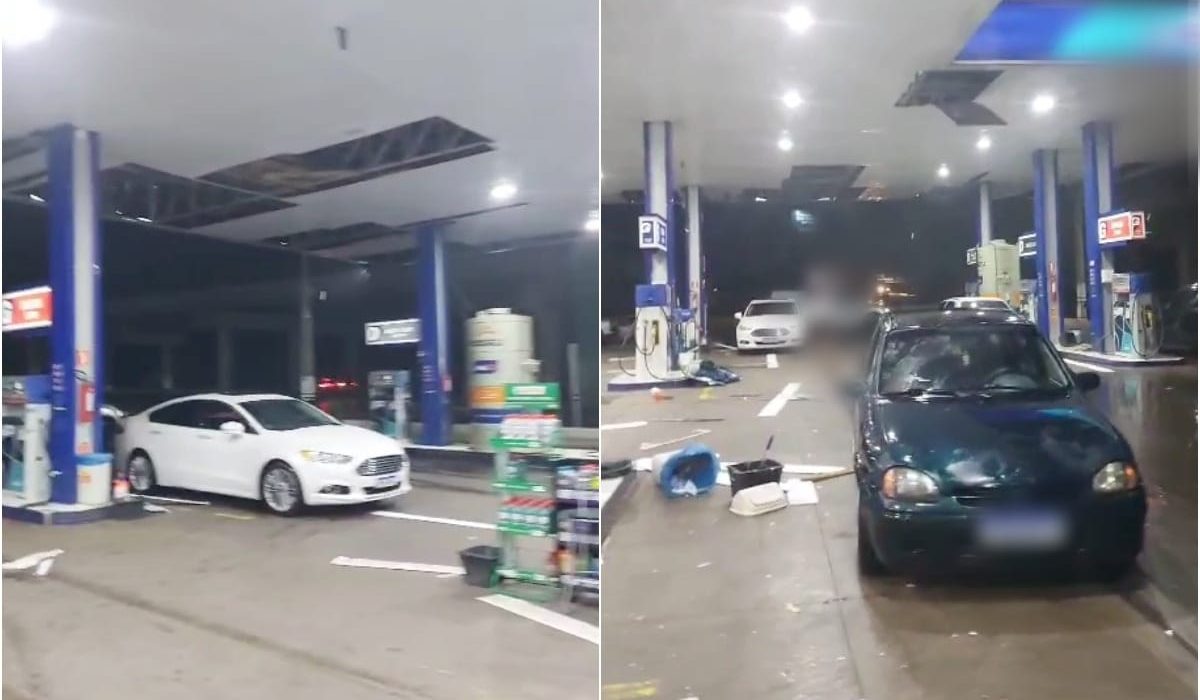 Parte do forro da cobertura foi arrancada pelos fortes ventos - Foto Reprodução Oeste Mais Redes Sociais
