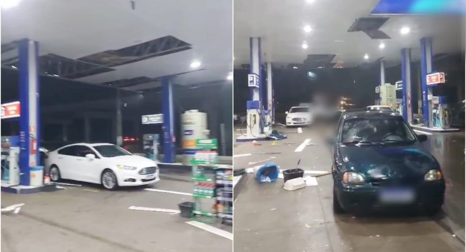 Parte do forro da cobertura foi arrancada pelos fortes ventos - Foto Reprodução Oeste Mais Redes Sociais