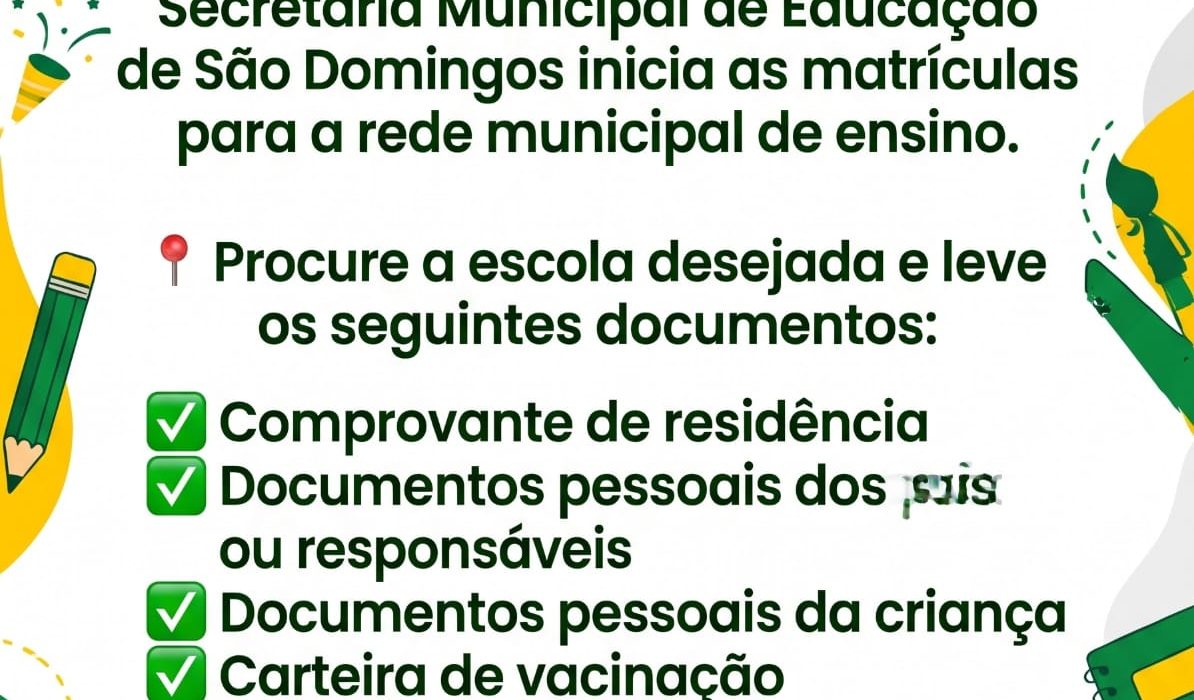 Pais e responsáveis devem comparecer à escola desejada com a documentação necessária - Foto Prefeitura de São Domingos